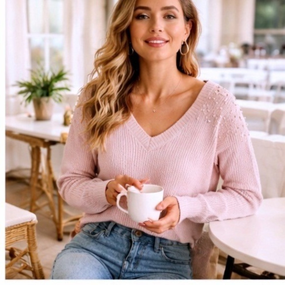 Neiman Marcus Cashmere Collection Pink Pearl Embellished V-Neck Sweater Small - Picture 2 of 12
